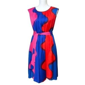 Marimekko Veneretki Dress Lokki Wave Print Sleeveless Midi Pink Blue Red Belted